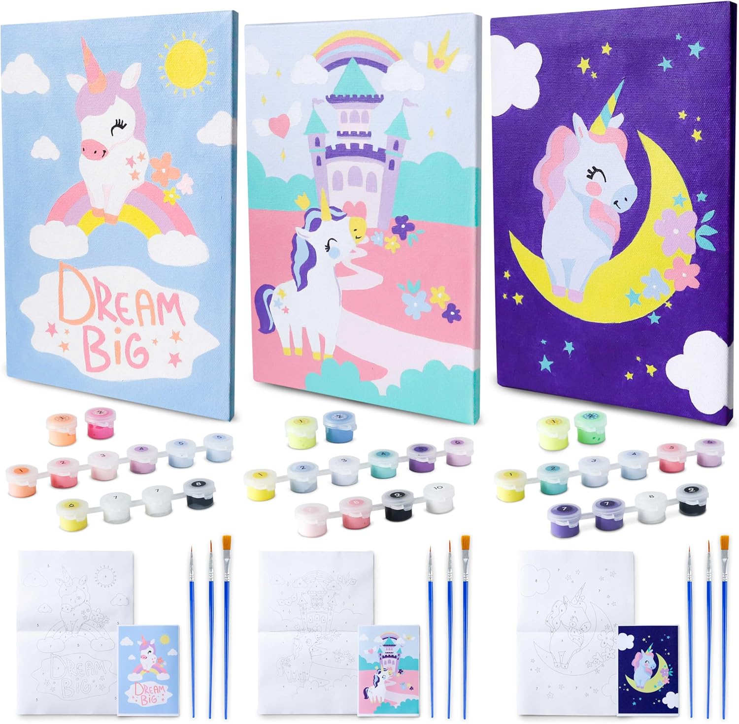 BONNYCO Paint by Numbers Kit for Kids front view showing three unicorn canvases and glowing acrylic paint pots