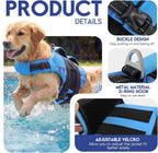 Close-up view of the sturdy top rescue handle on the ripstop dog life preserver.