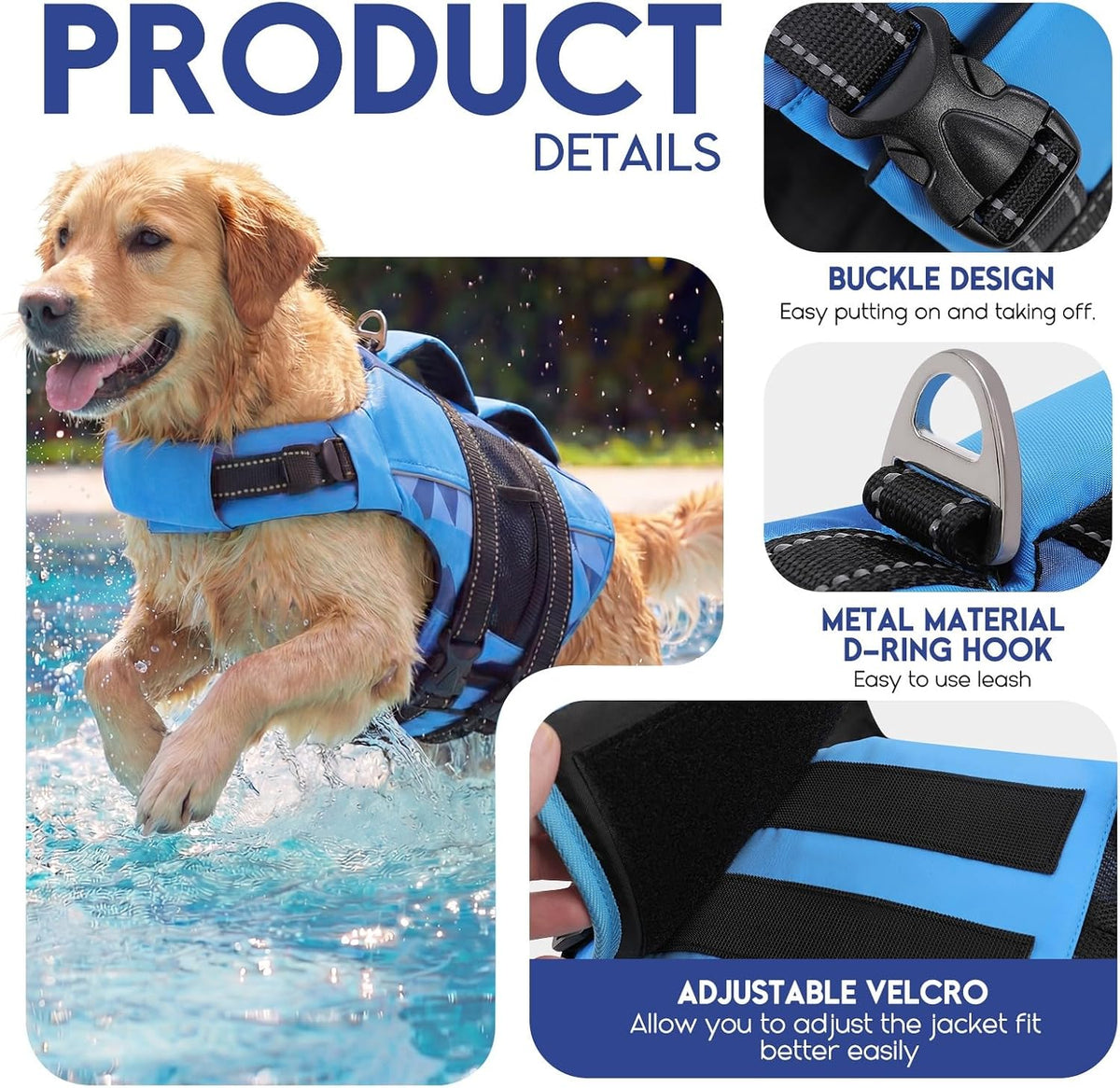 Close-up view of the sturdy top rescue handle on the ripstop dog life preserver.