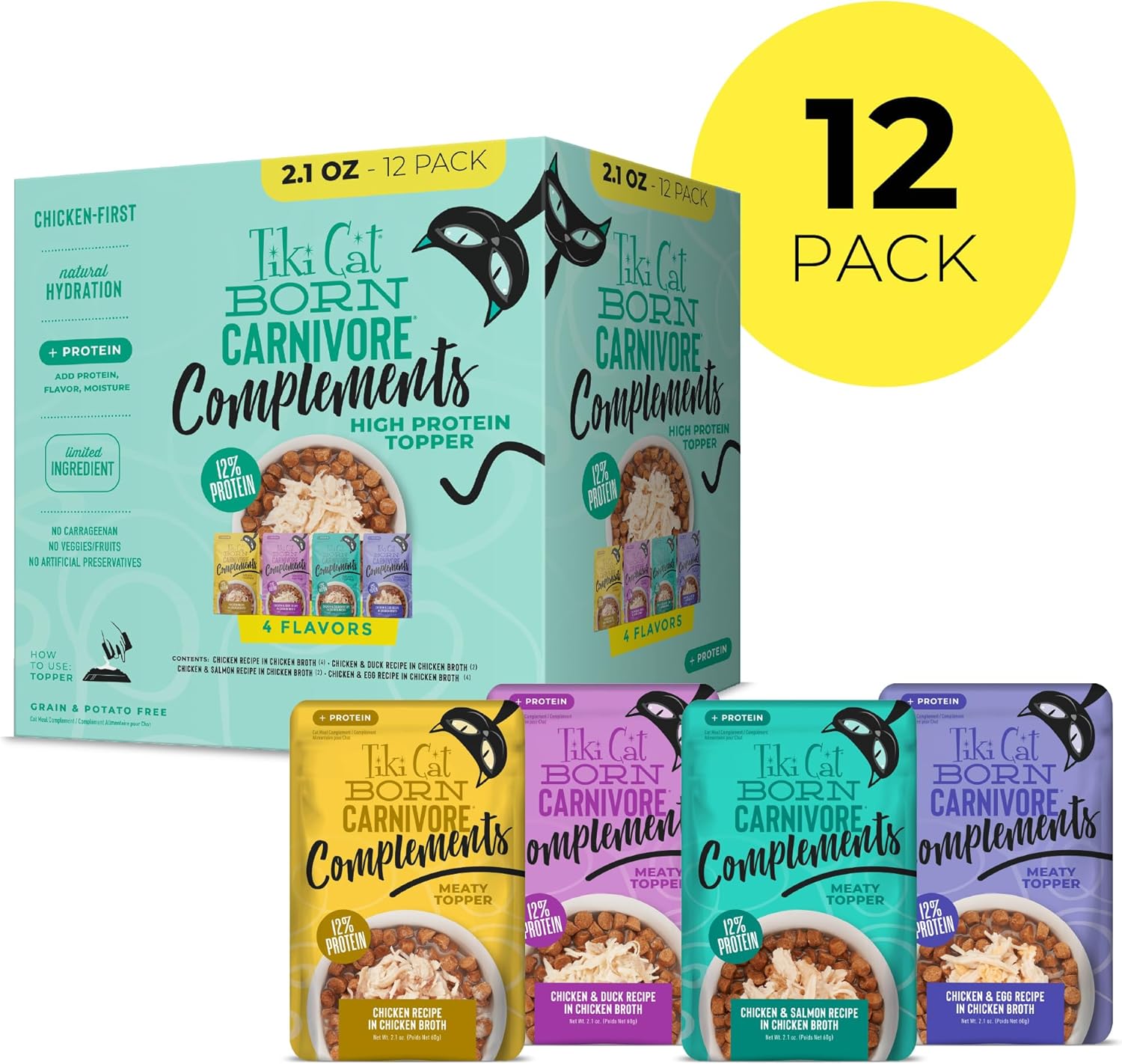 Tiki Cat high protein grain free wet cat food topper pouches laid out flat