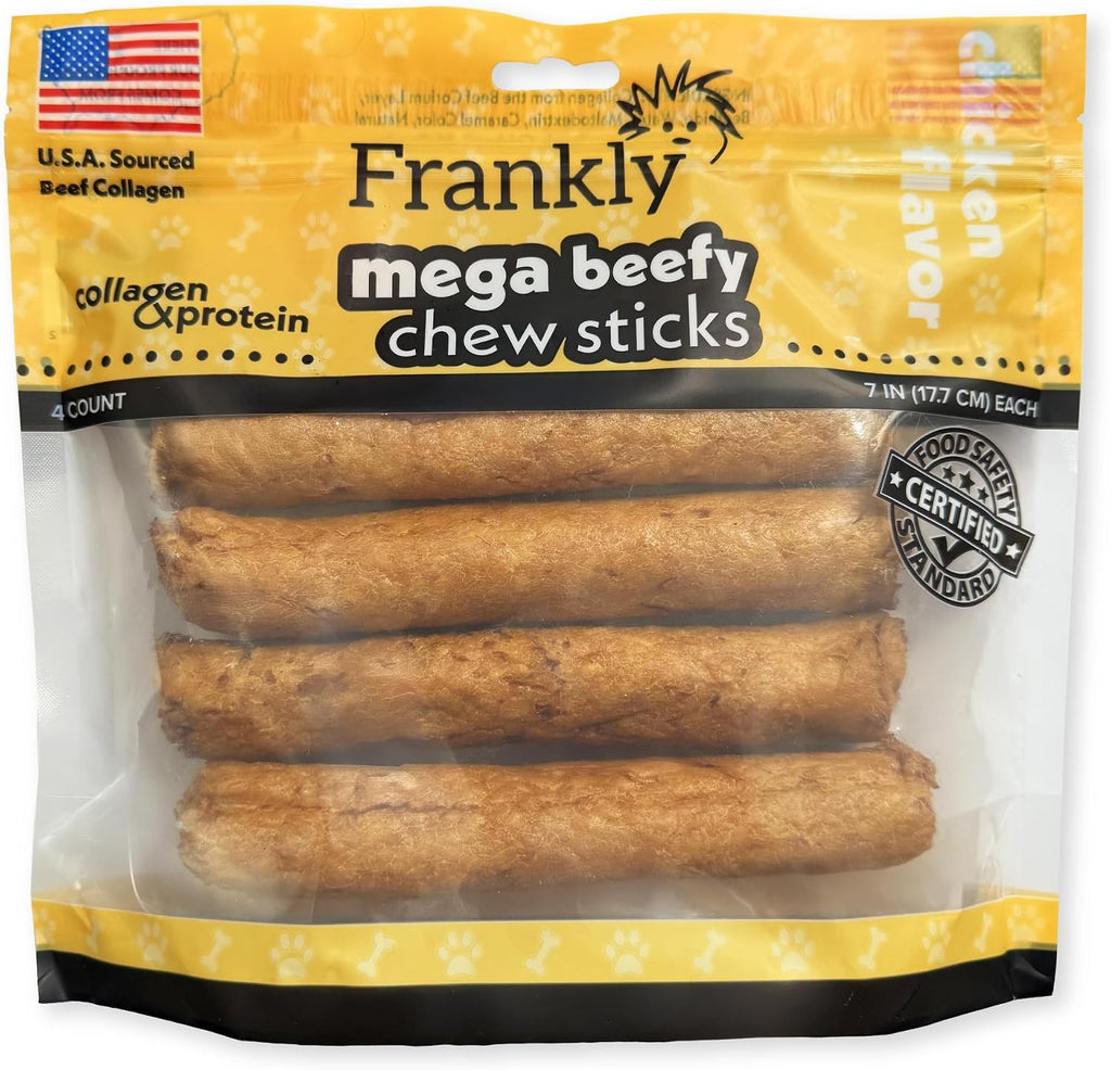 Back label illustration of Frankly Pet mega beefy sticks with nutritional facts