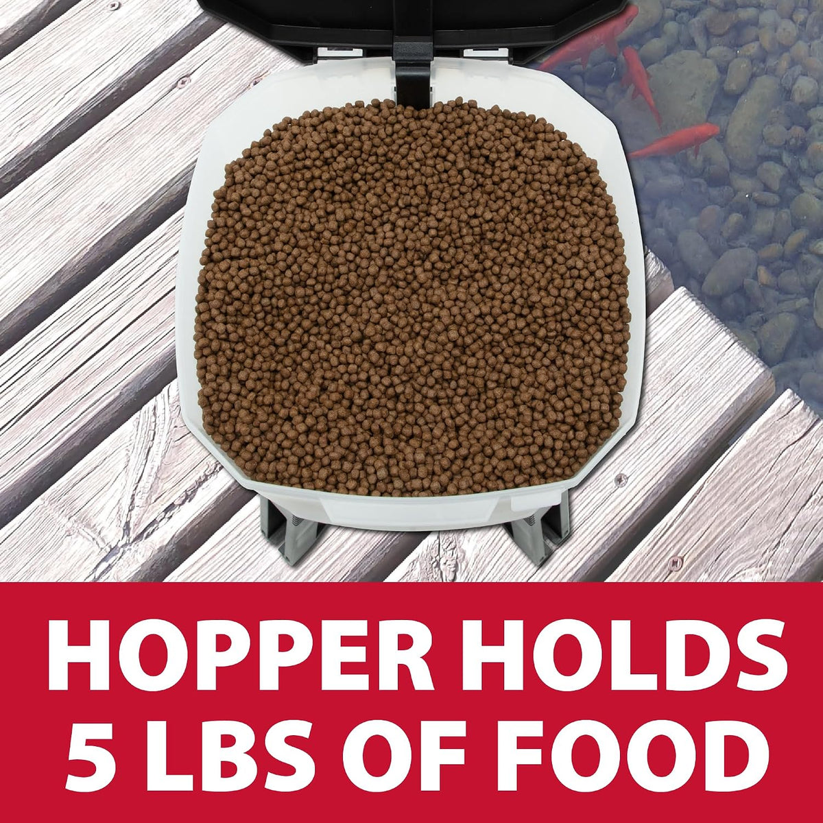 Automated koi pellet dispenser five gallon bucket showing the locking animal proof lid.