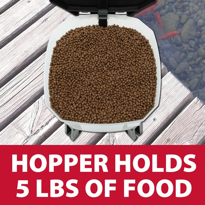 Automated koi pellet dispenser five gallon bucket showing the locking animal proof lid.