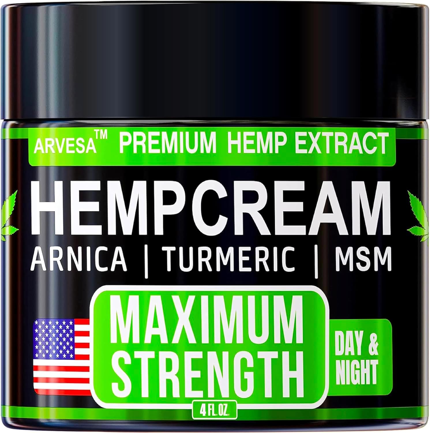 Arvesa Hemp Cream Maximum Strength front view of the 4 fluid ounce bottle for muscle relief