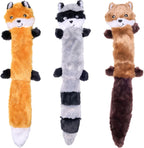 ZippyPaws Skinny Peltz no stuffing dog toy set front view featuring fox raccoon and squirrel plushies