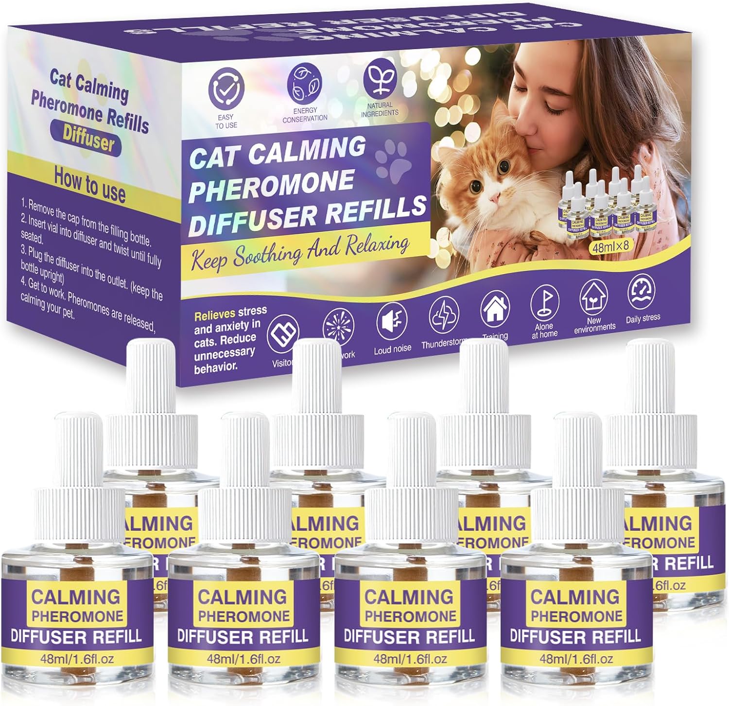 RUAKPL Cat Calming Diffuser Refills front view of packaging and eight replacement bottles.