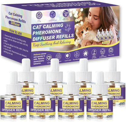 RUAKPL Cat Calming Diffuser Refills front view of packaging and eight replacement bottles.