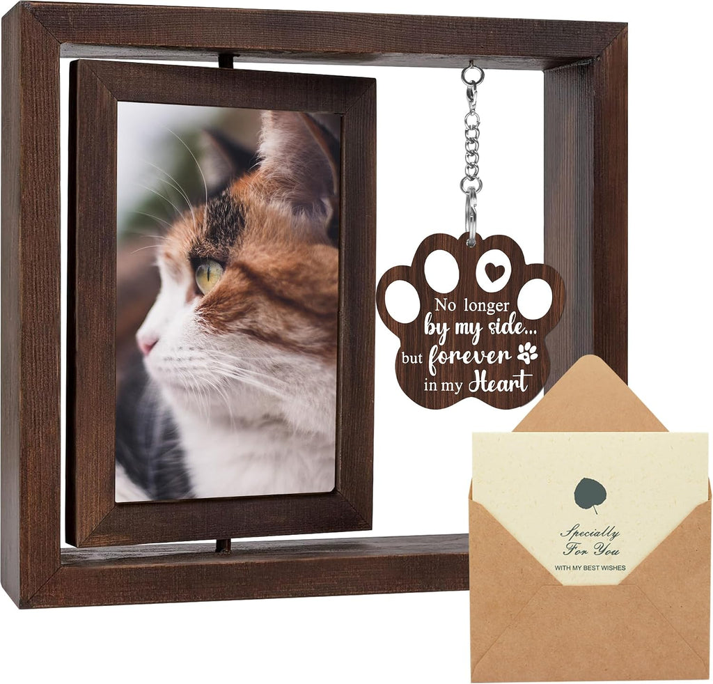 SHOW-YA cat memorial rotating wooden picture frame front view showing the engraved paw print charm
