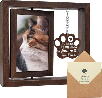 SHOW-YA cat memorial rotating wooden picture frame front view showing the engraved paw print charm