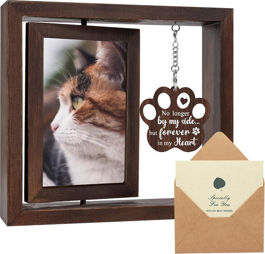SHOW-YA cat memorial rotating wooden picture frame front view showing the engraved paw print charm