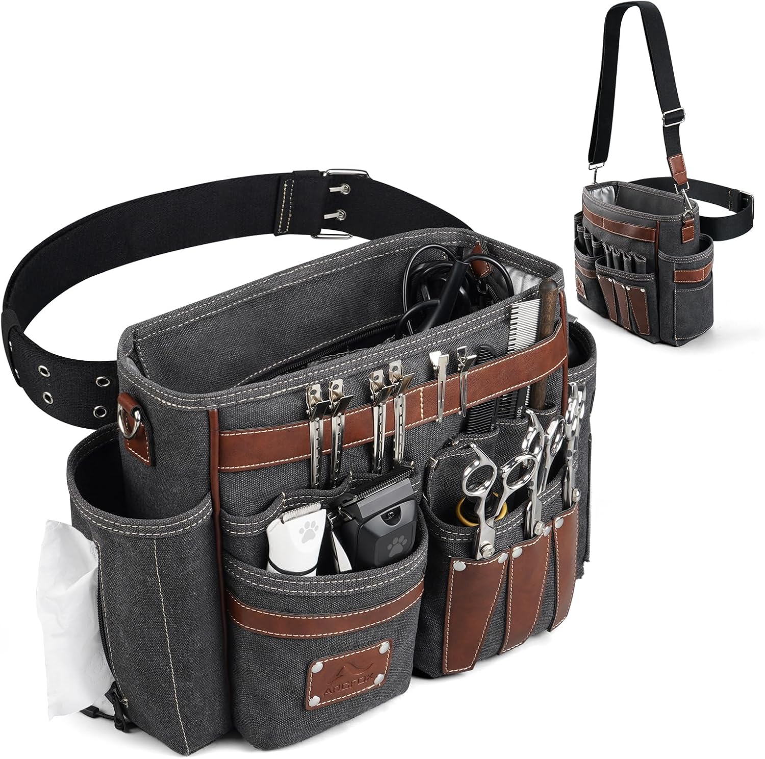ARCFOX Hakidzel barber bag front view displaying the premium black canvas texture and brown leather accents.