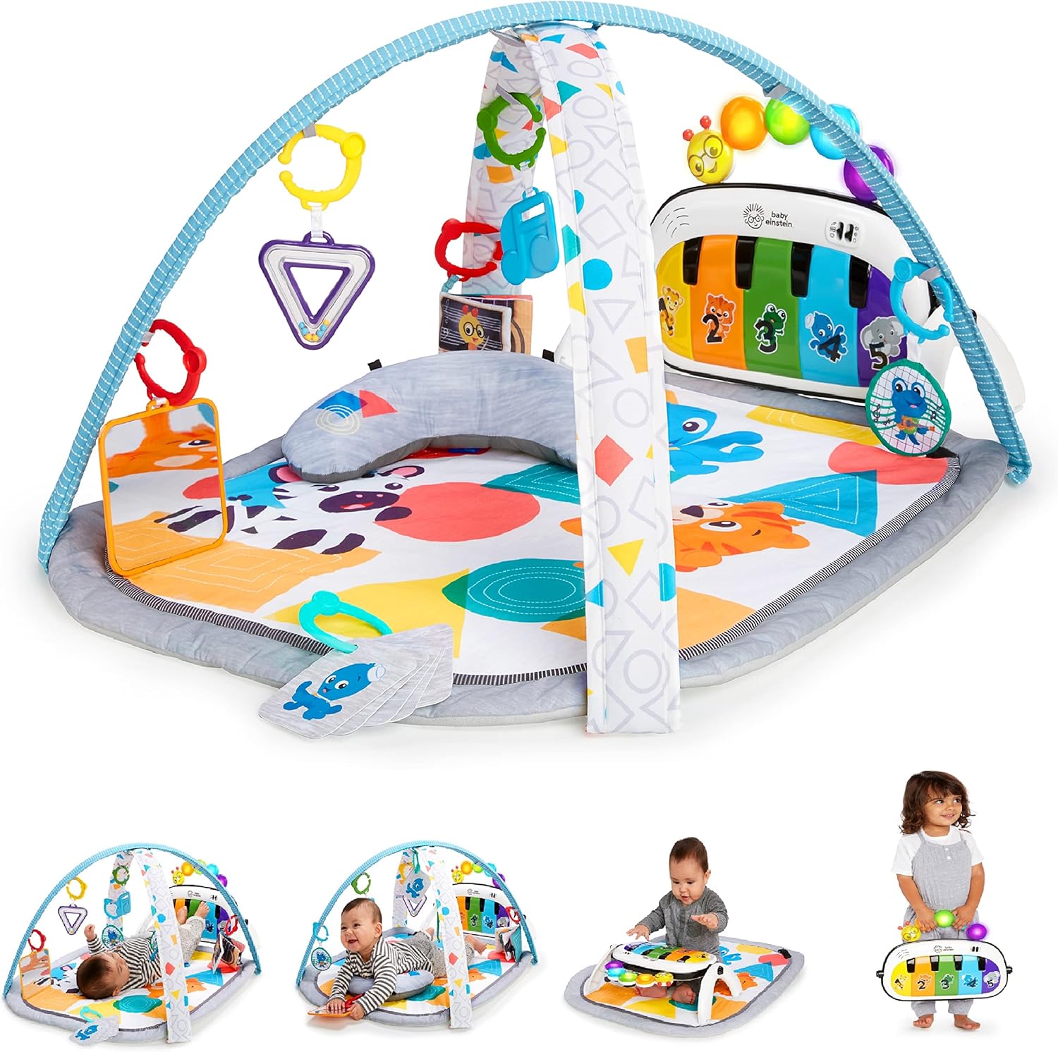 Baby Einstein 4-in-1 Kickin' Tunes Music and Language Play Gym front view with colorful mat and piano toy.