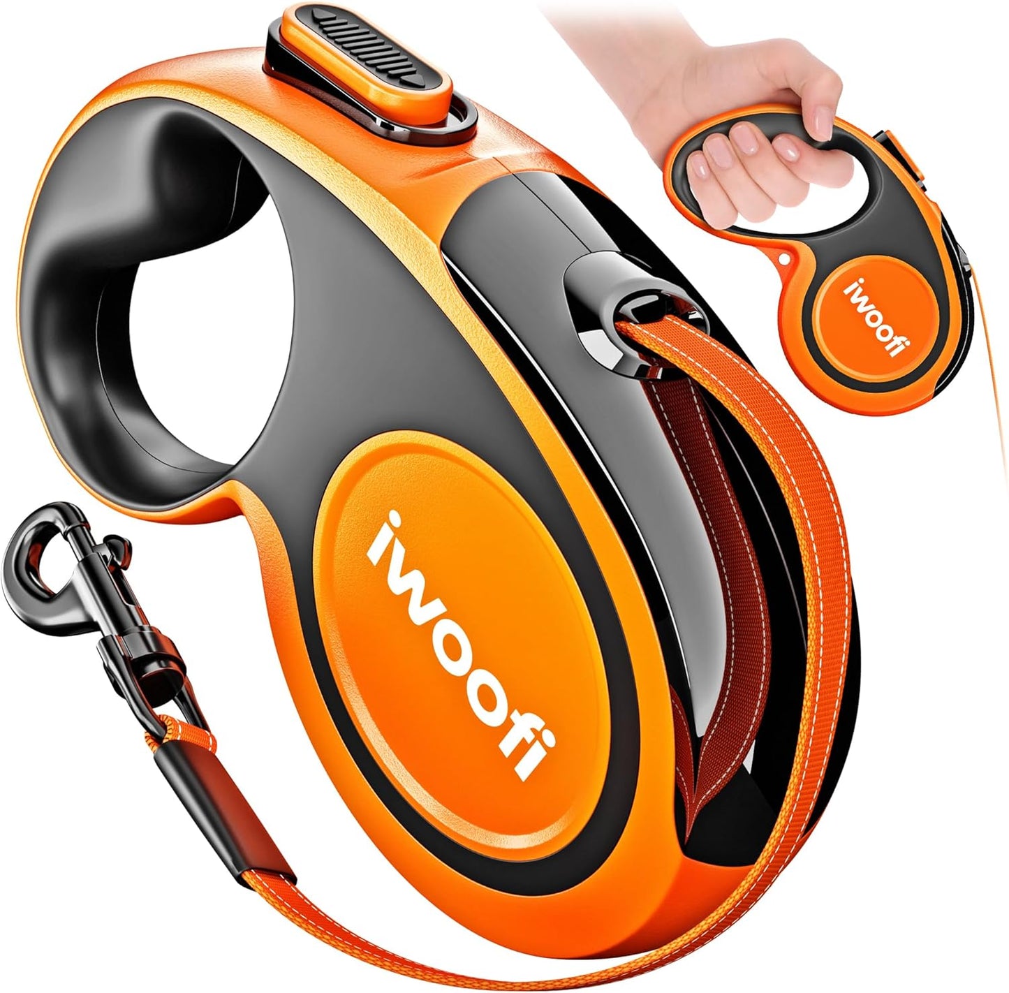 Iwoofi retractable dog leash front view orange