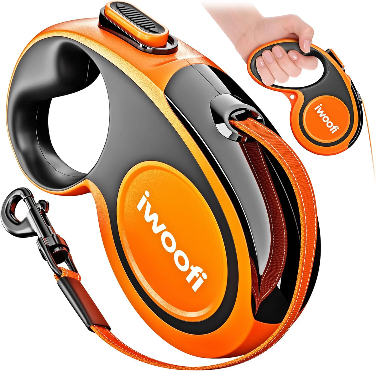 Iwoofi retractable dog leash front view orange