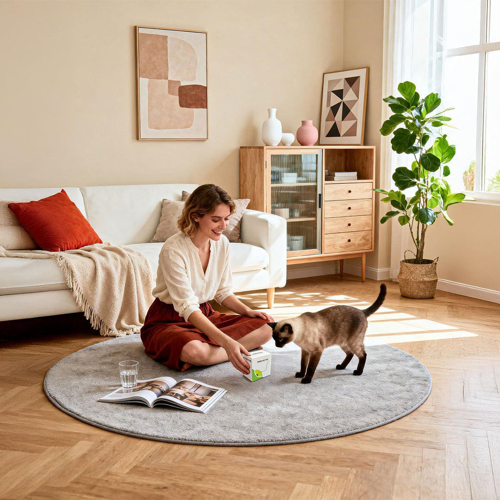 Rechargeable hide and seek pet play device demonstrating the full fabric cover setup for home use