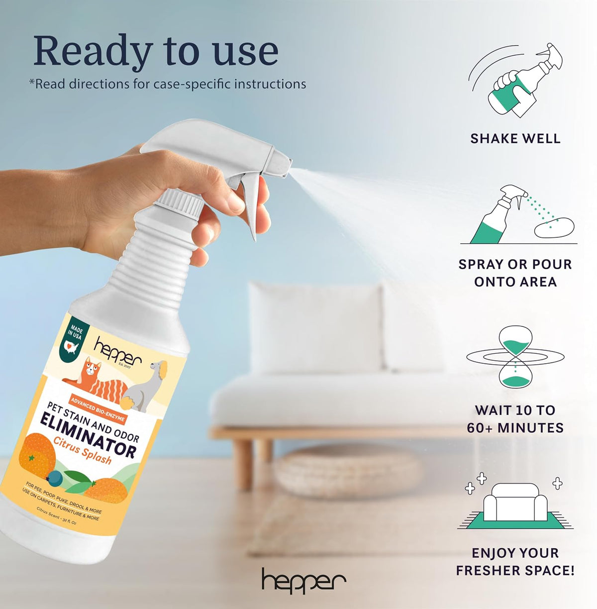Hepper pet stain remover bottle next to pet accessories