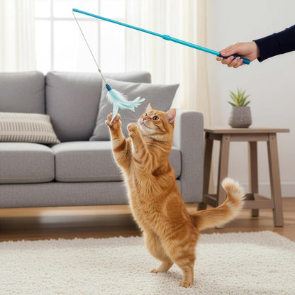 Feline exercise and interactive play session using SmartyKat bird flyer wand