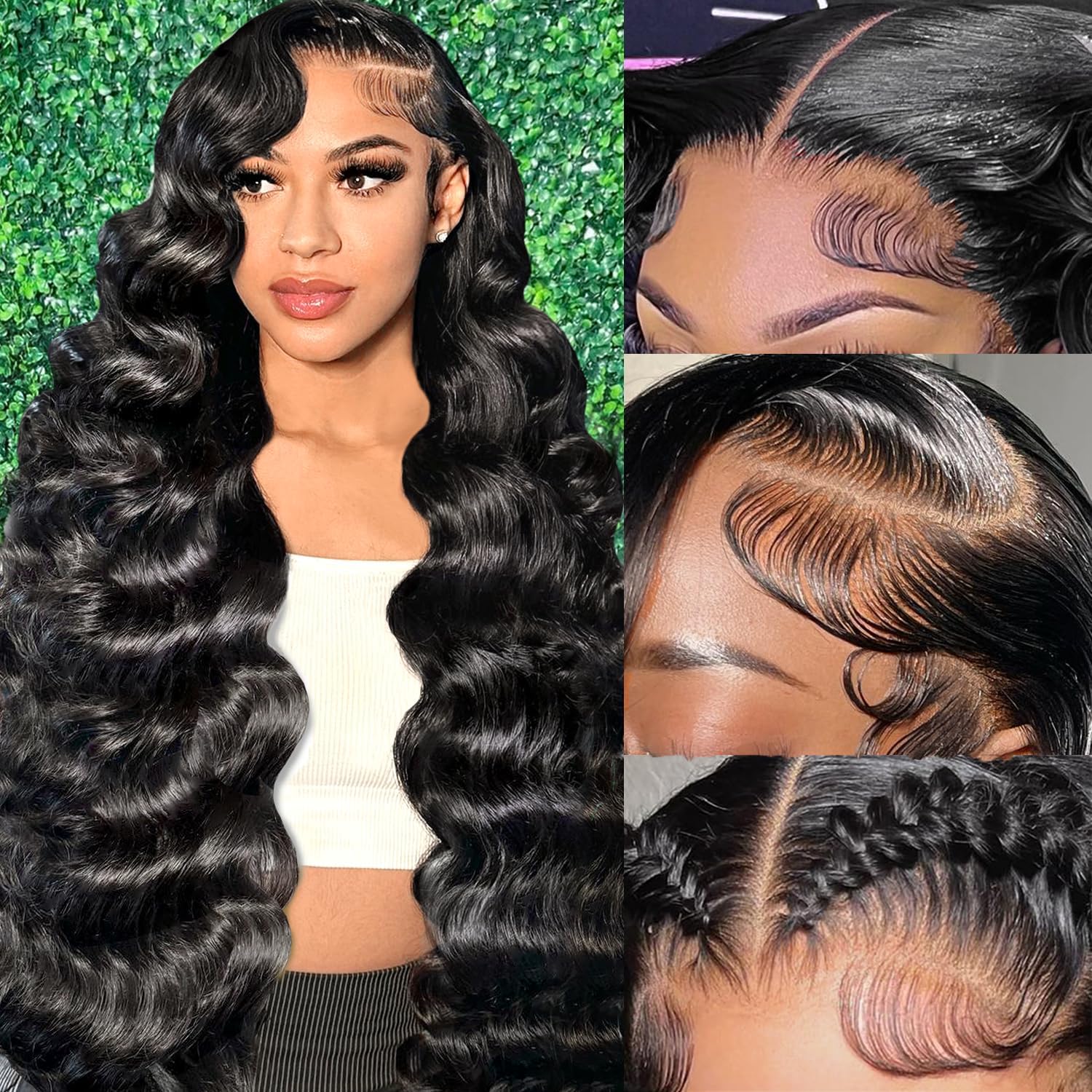 Smabuity 13x6 Body Wave Lace Front Wig front view displaying long black wavy human hair styling