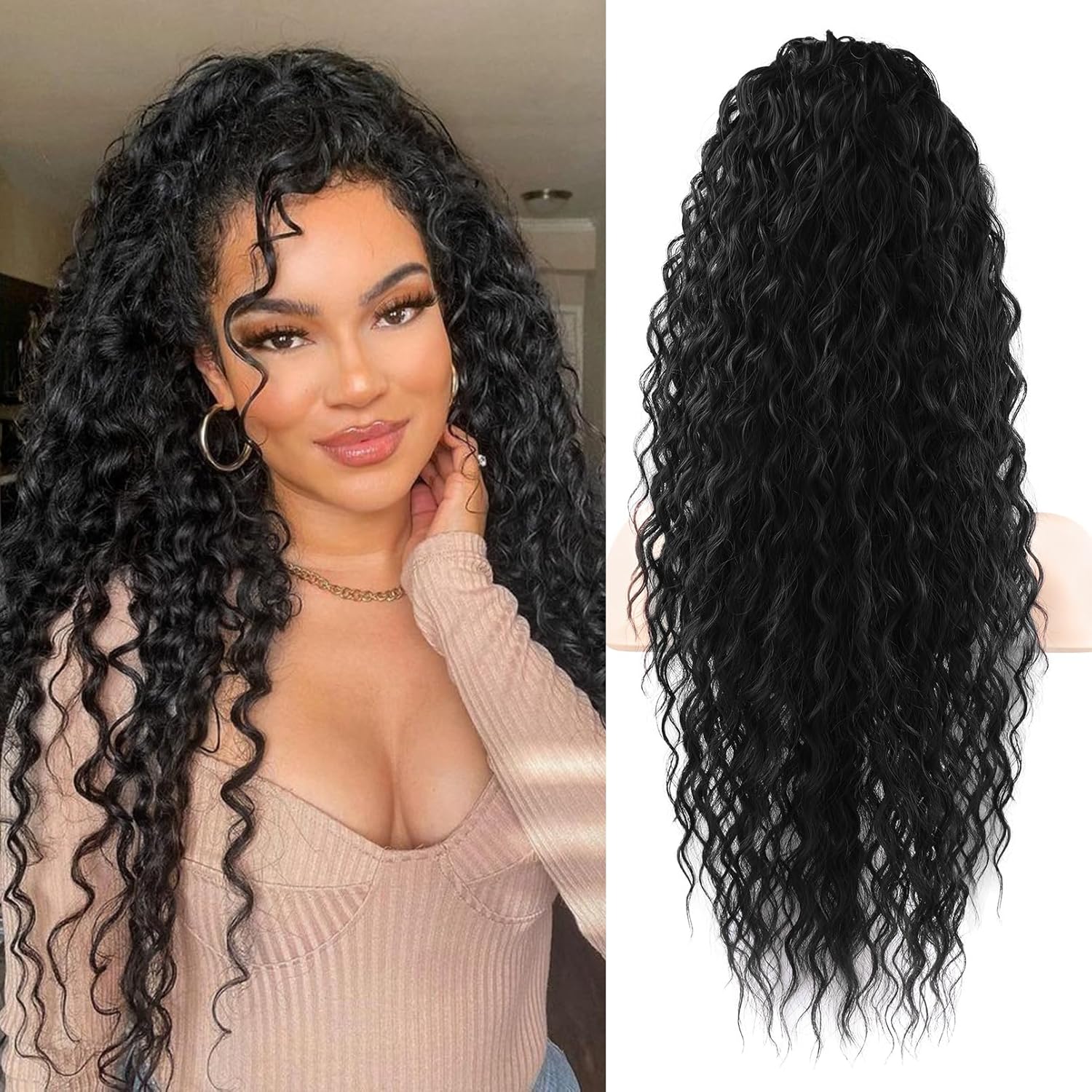 Flufymooz Ponytail Extension 26 Inch front view showcasing long bohemian curly synthetic hair.