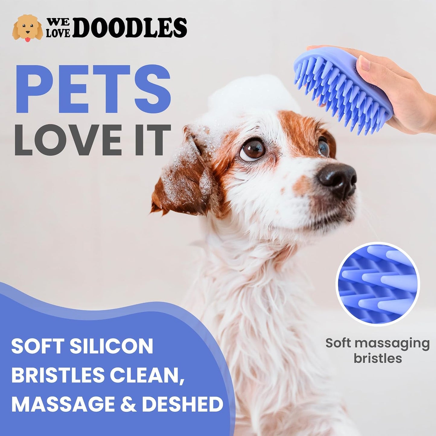 Ergonomic non slip dog washing brush from We Love Doodles