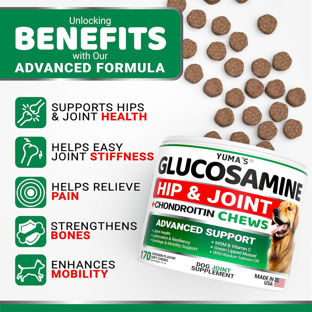 YUMA'S 170 count dog joint pain relief chews nutritional label details.