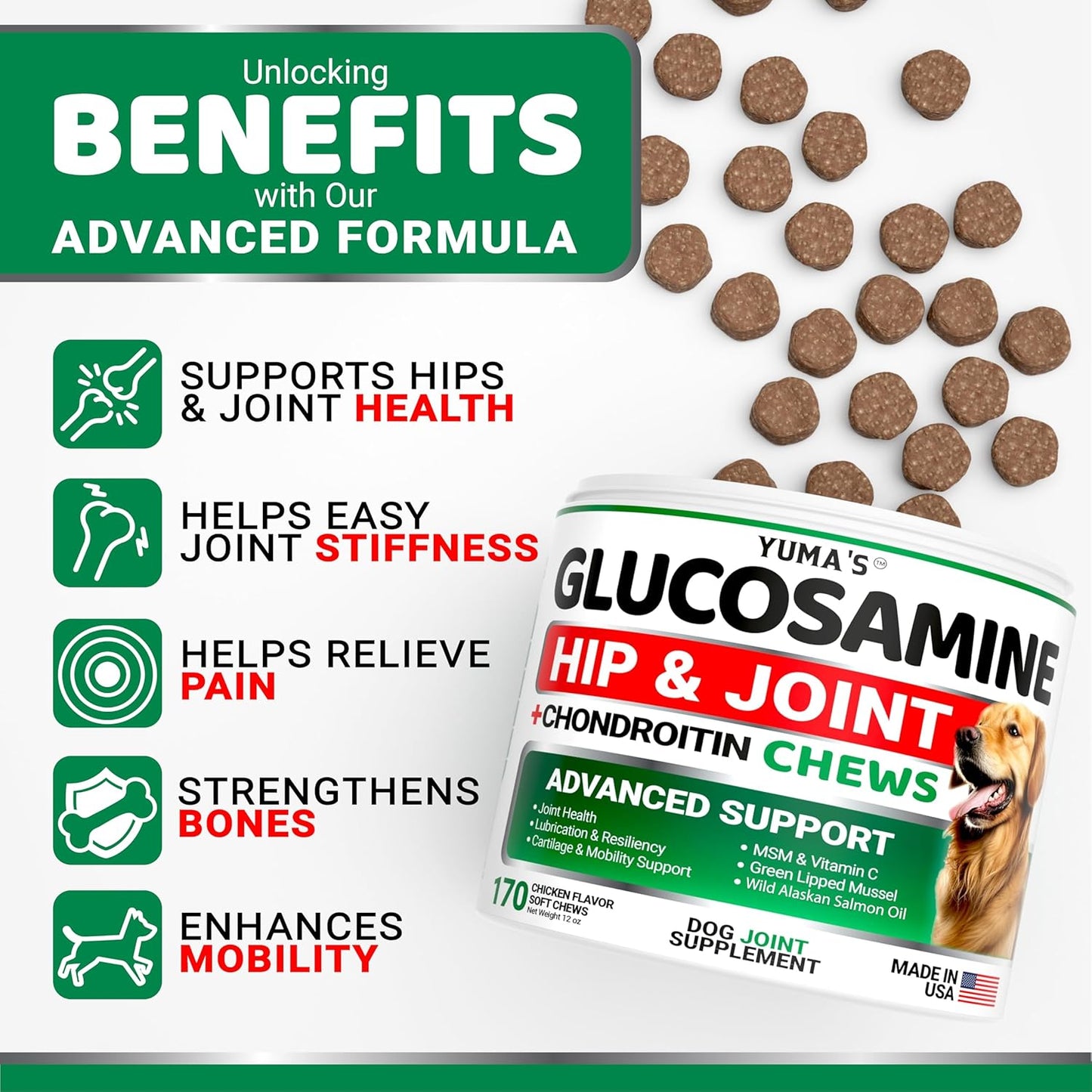 YUMA'S 170 count dog joint pain relief chews nutritional label details.