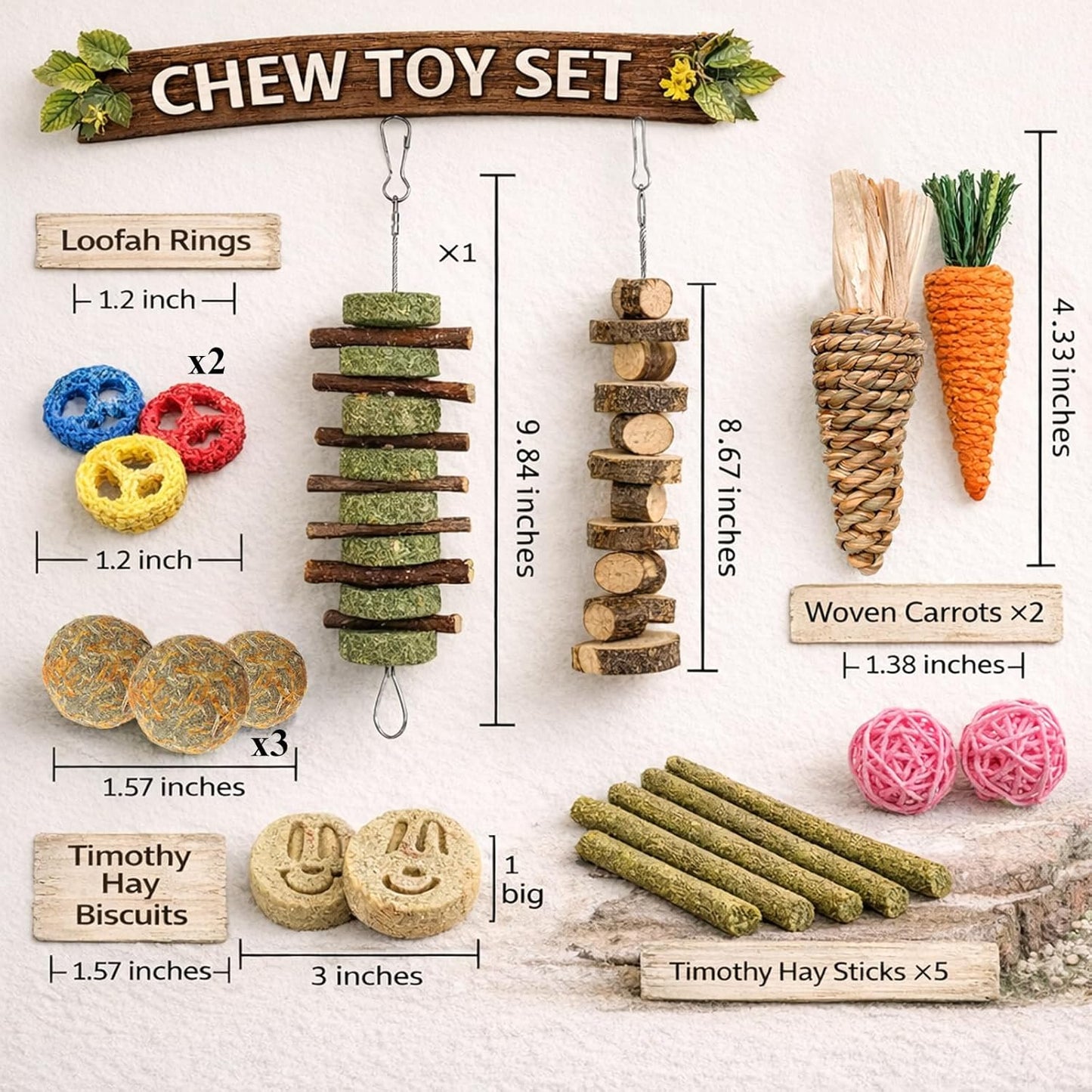 Grddaef apple wood and timothy grass pet toys closeup demonstrating natural fibers and textures