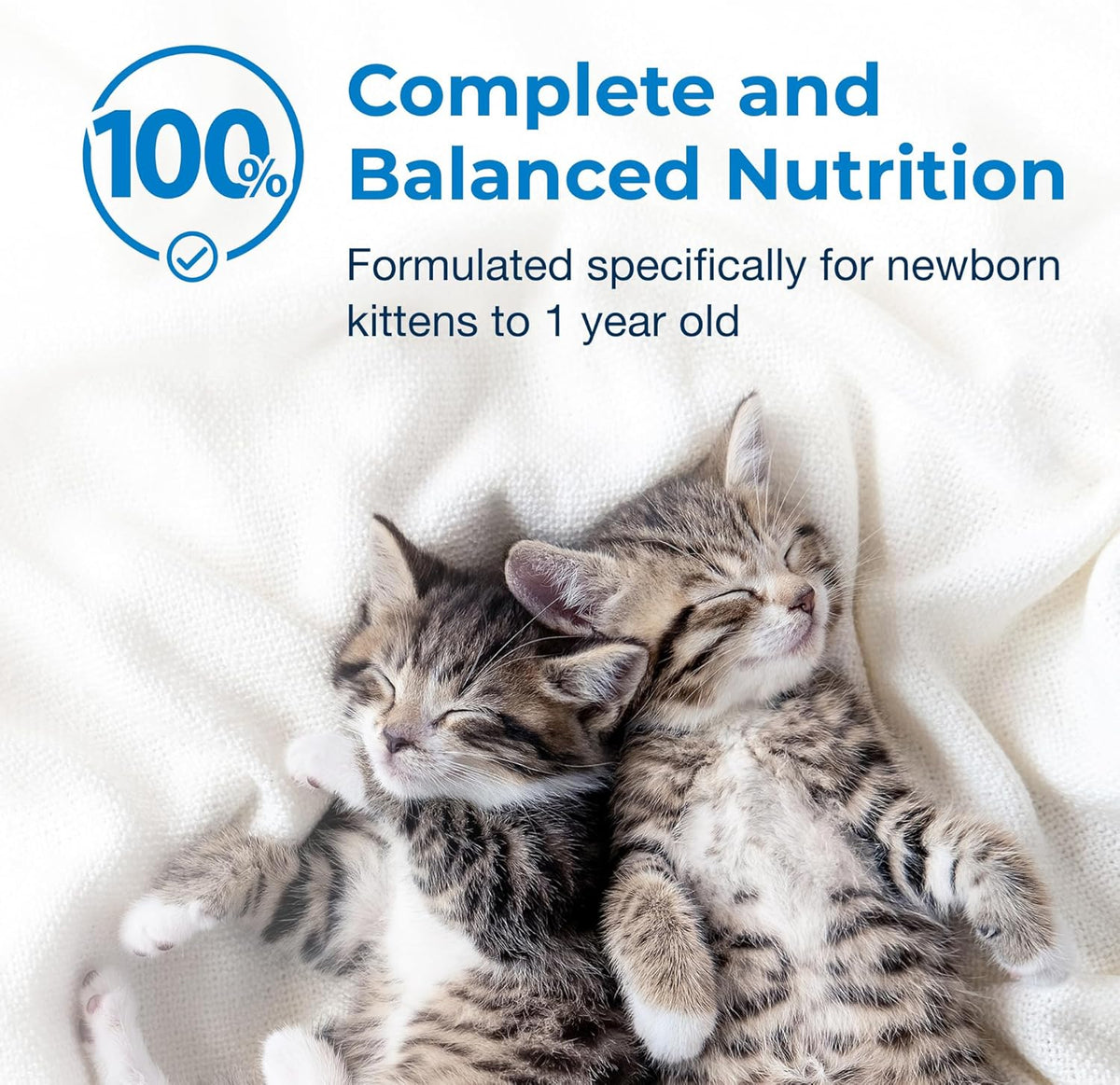 Authentic PetAg KMR liquid formula for newborn kittens up to one year showing vitamin fortification.