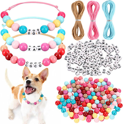Quelay Personalized DIY Beaded Dog Collar Kit front view showing colorful silicone beads and alphabet letters