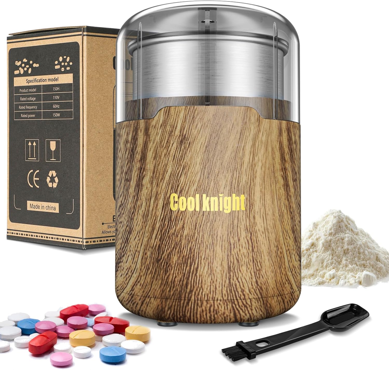 COOL KNIGHT Electric Pill Crusher front view showing premium wood grain finish on countertop.