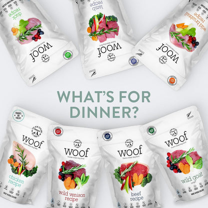 Woof Wild Venison nine point nine ounce bag displayed on a clean background highlighting high protein dog treats.