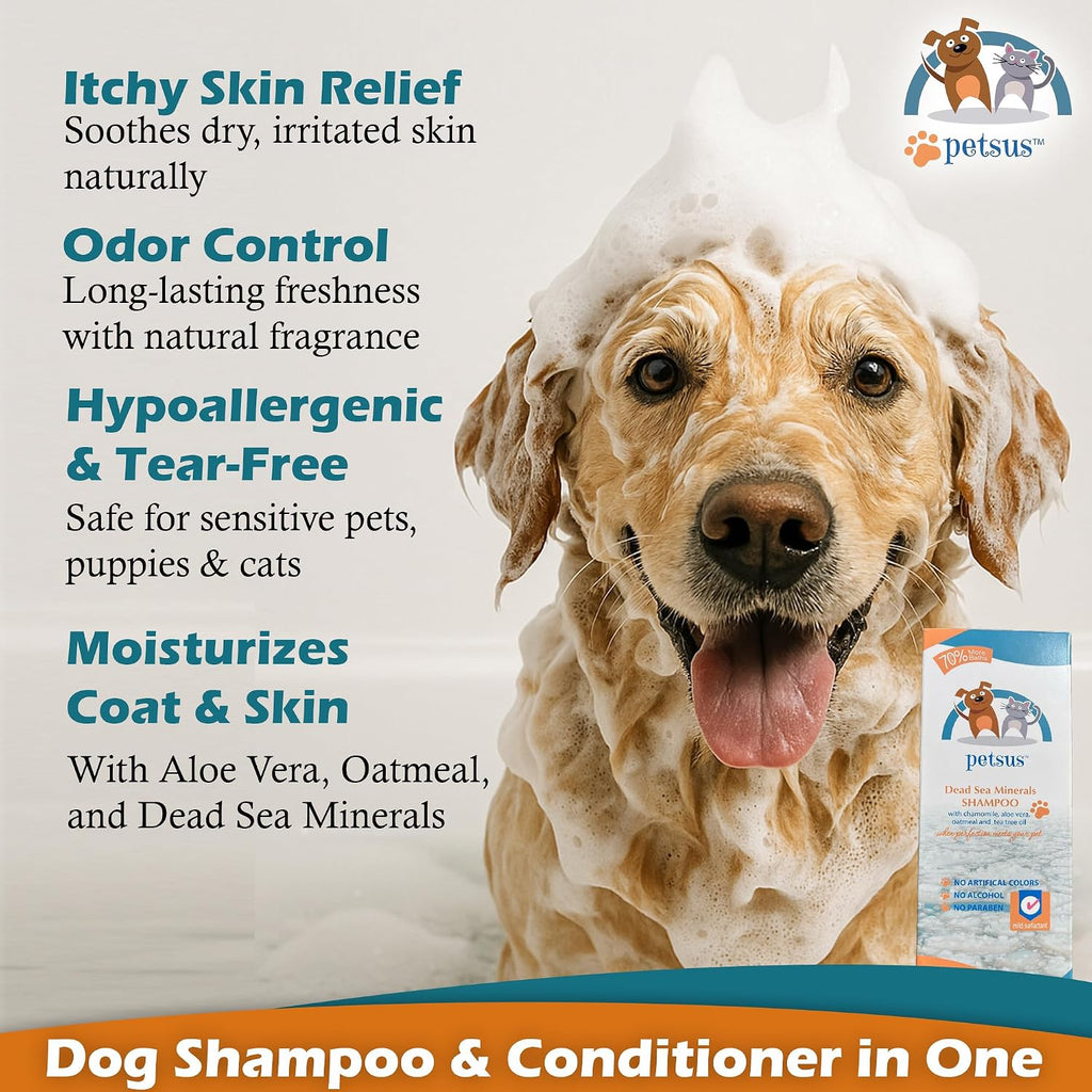 Petsus soothing oatmeal and aloe vera dog shampoo for allergic skin relief.