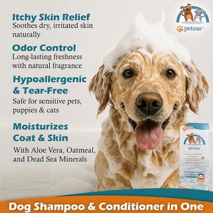 Petsus soothing oatmeal and aloe vera dog shampoo for allergic skin relief.