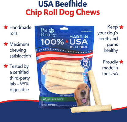 Dog chewing on natural American beefhide roll treat