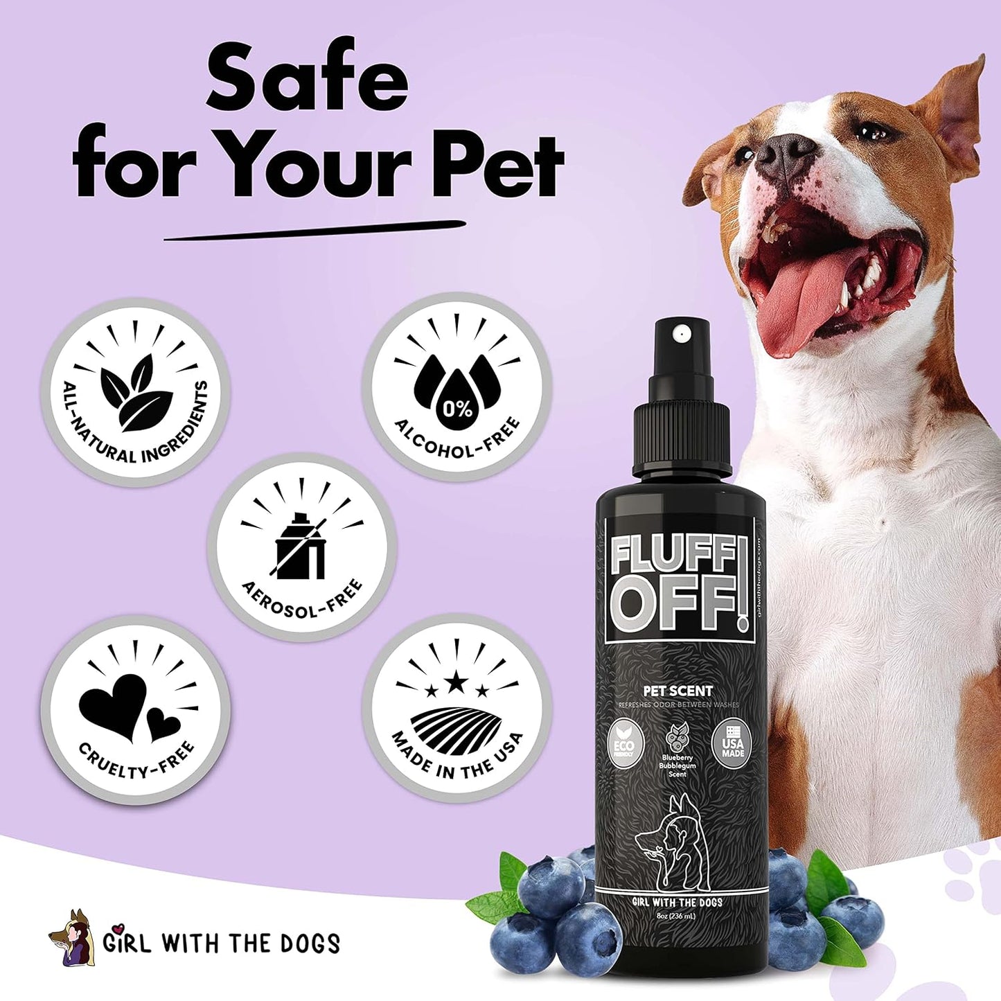 Girl With The Dogs professional grooming pet refresher spray packaging close up