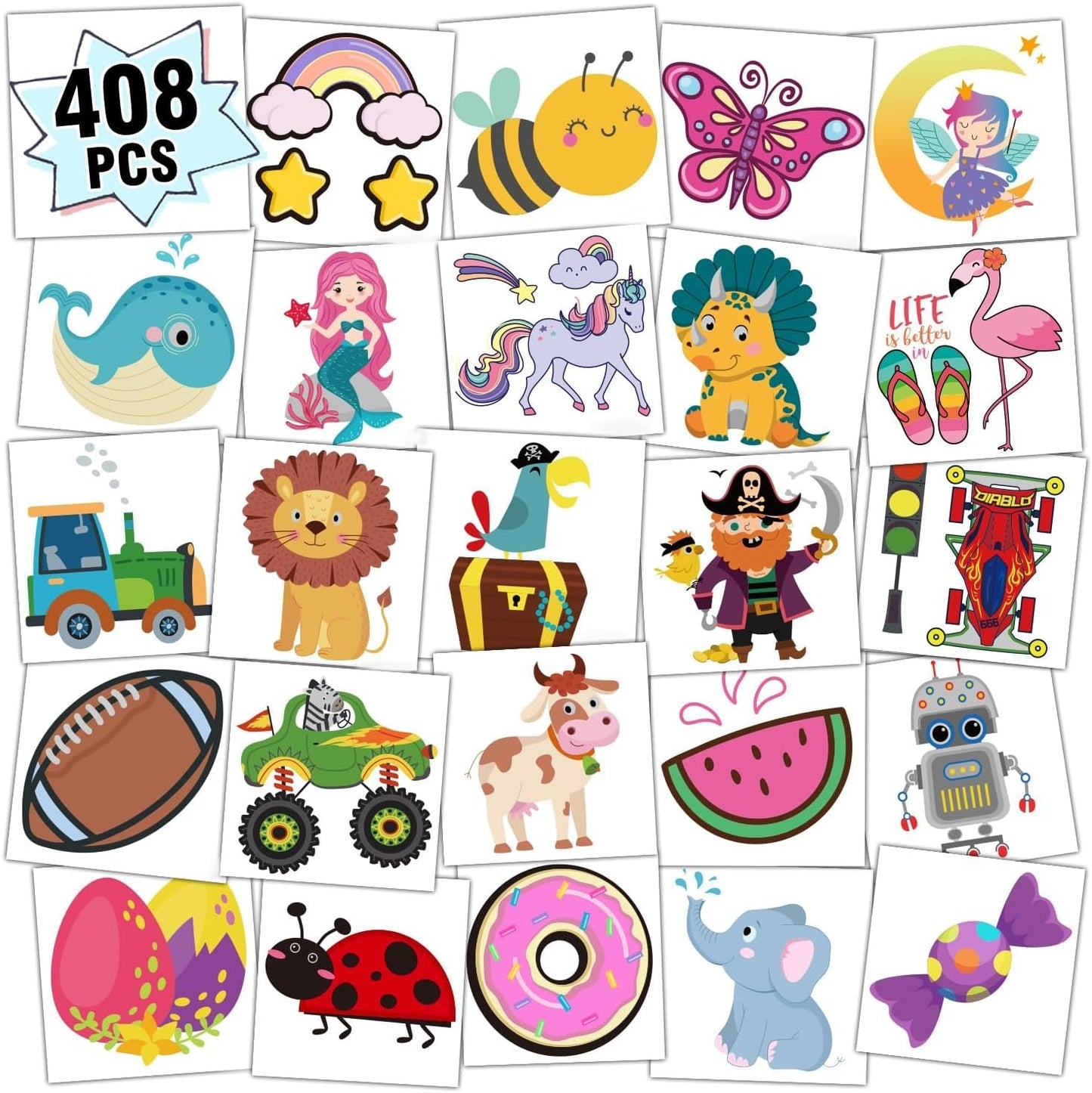 Partywind 408 pieces kids temporary tattoos set front packaging