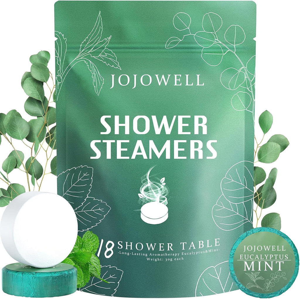 JoJowell shower steamers aromatherapy eighteen pack front view package showcasing eucalyptus design