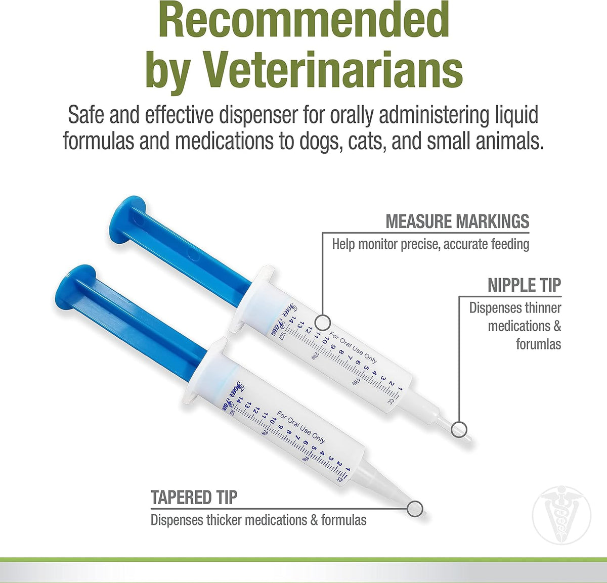Four Paws pet medication syringe displayed with dual interchangeable tips