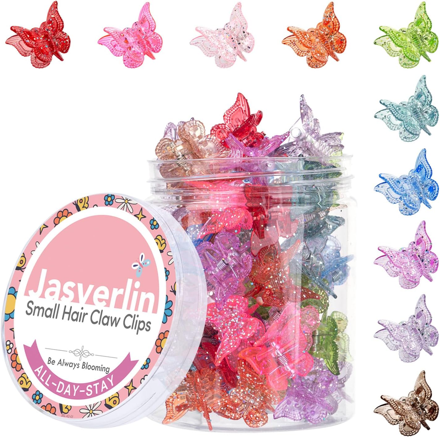 JASVERLIN glitter mini butterfly hair claw clips front view arranged by color