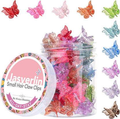 JASVERLIN glitter mini butterfly hair claw clips front view arranged by color