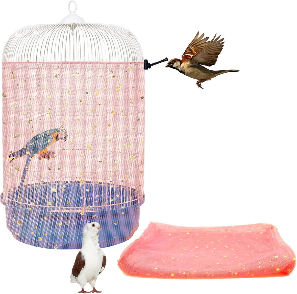 Bird Cage Seed Catcher, 45-90'' Adjustable Bird Cage Cover, Universal Nylon Bird Cage Mesh Net, Bird Cage Skirt Guard Accessories for Parrot Parakeet Macaw Round Square Cage (White) - Image 15
