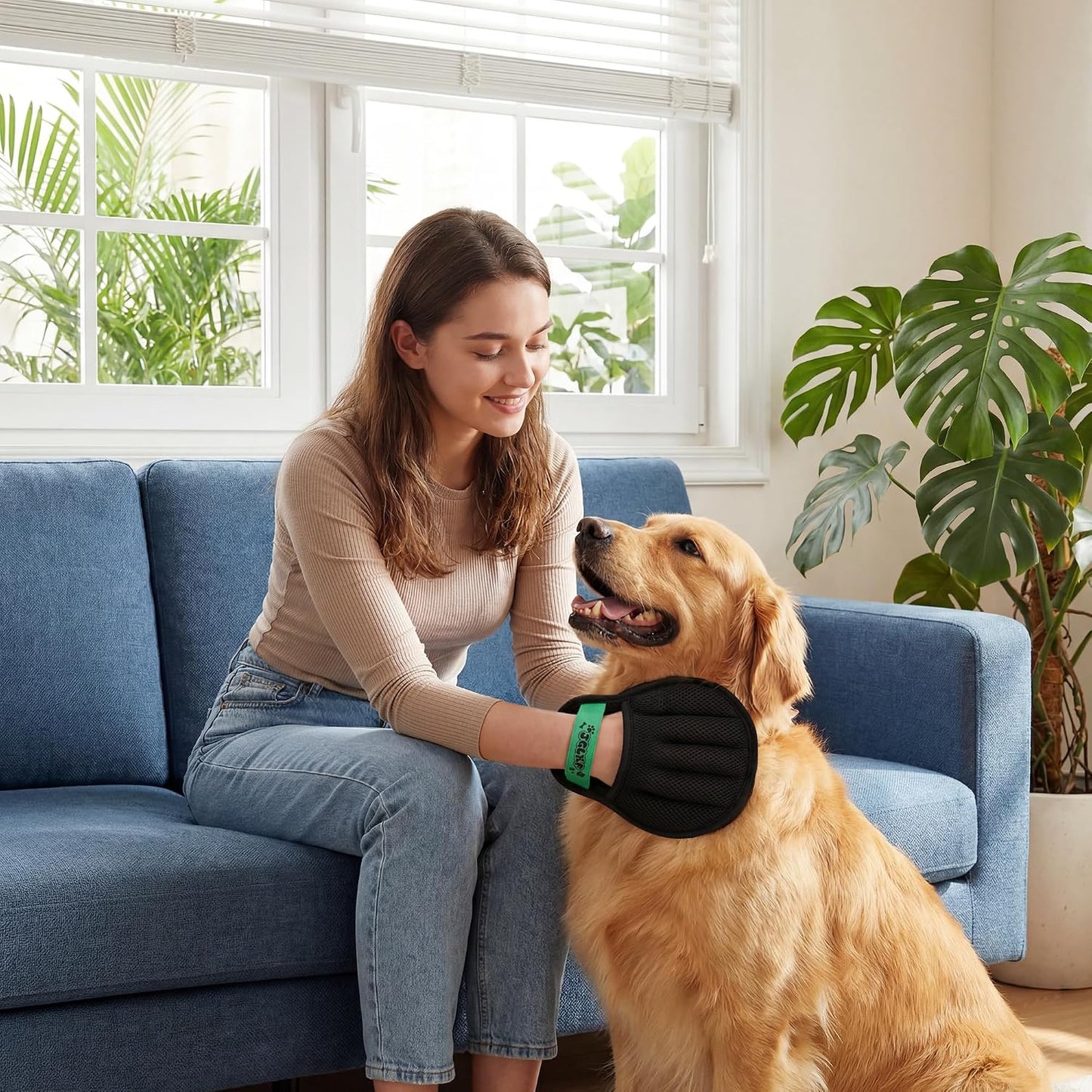 Pet hair cleaning glove removing dog fur from car seat