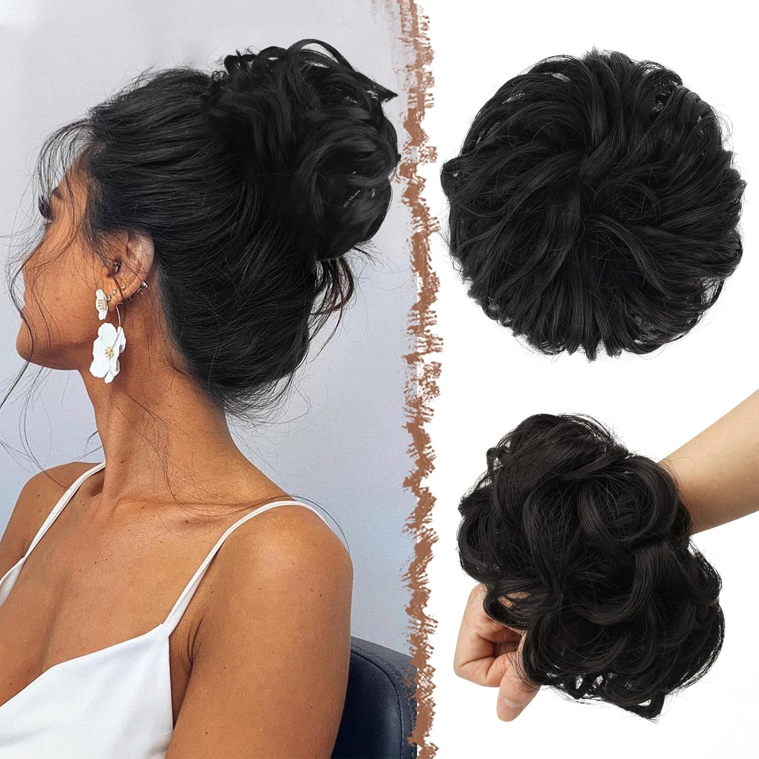 FESHFEN messy bun hair piece front view on a model showing instant volume.