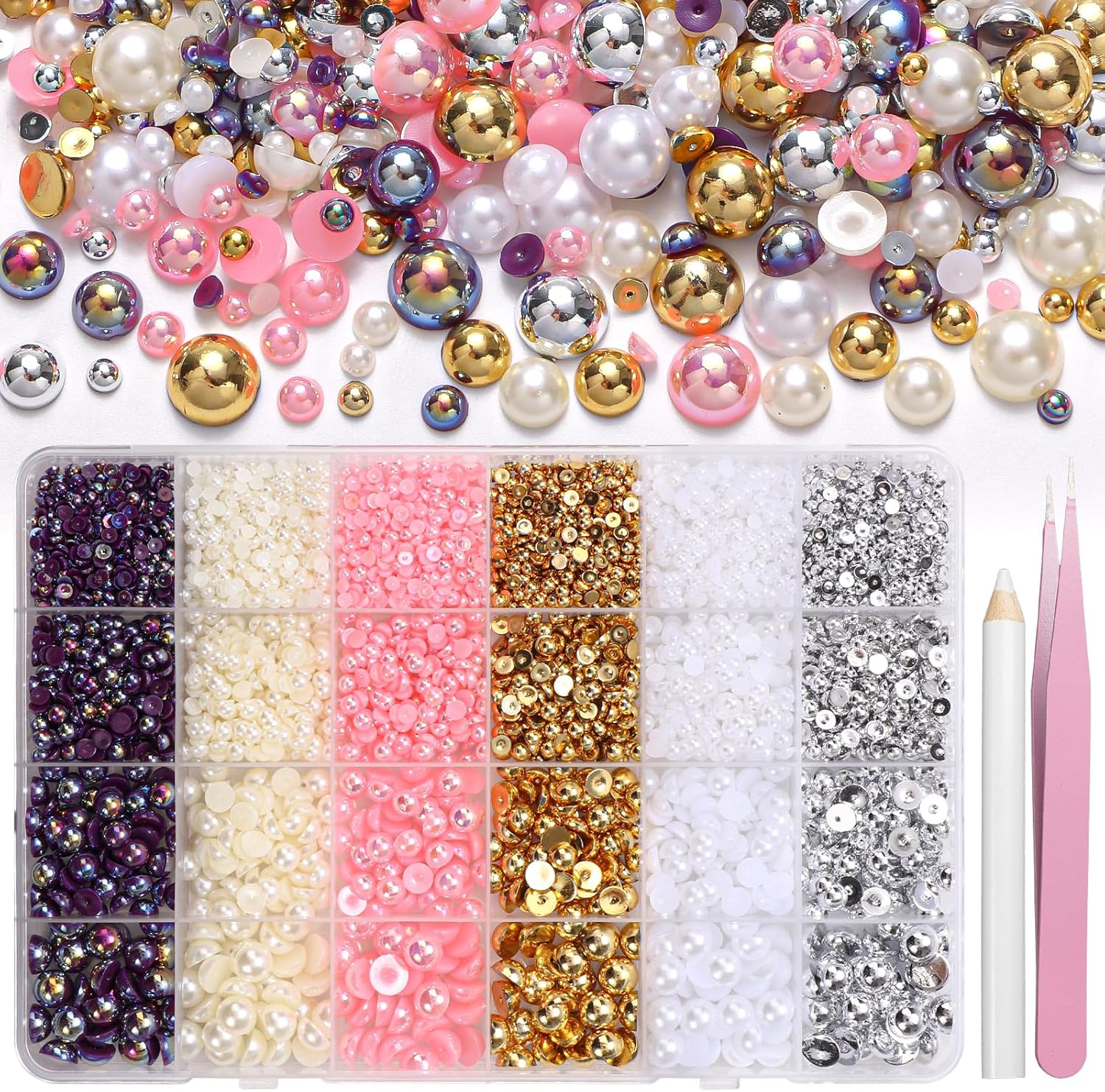 Tatiwoo 9000 pieces flatback pearls kit front view with tools