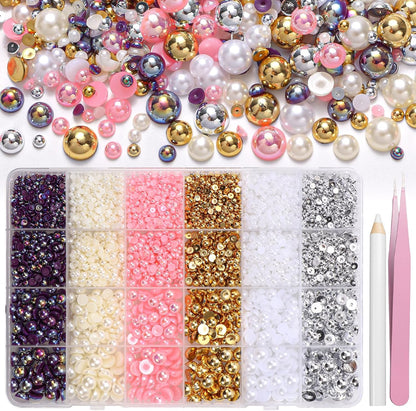 Tatiwoo 9000 pieces flatback pearls kit front view with tools