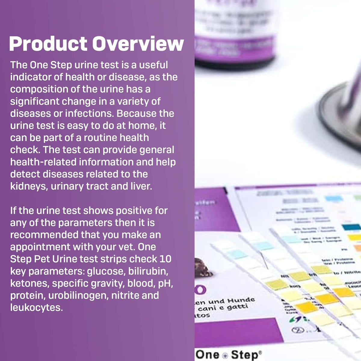 Ten parameter urinalysis strips showing individual reagent pads for pet health tracking.