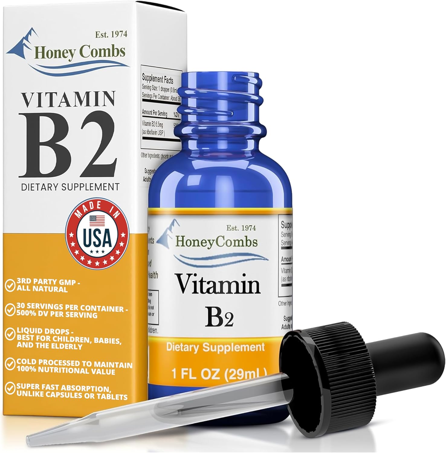 HoneyCombs Riboflavin Vitamin B2 Liquid Drops front view for authentic USA supplement shopping