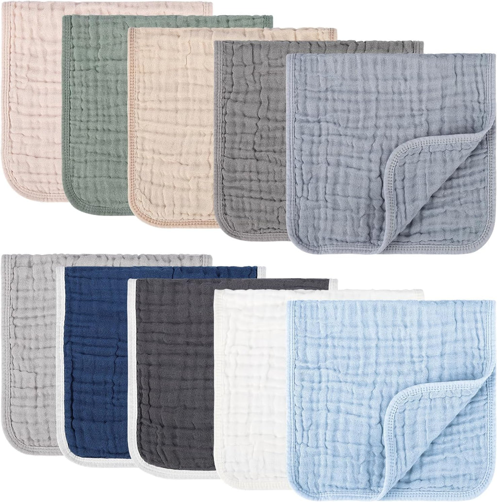 Synrroe premium muslin burp cloths ten pack front view showing assorted neutral colours.