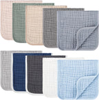 Synrroe premium muslin burp cloths ten pack front view showing assorted neutral colours.