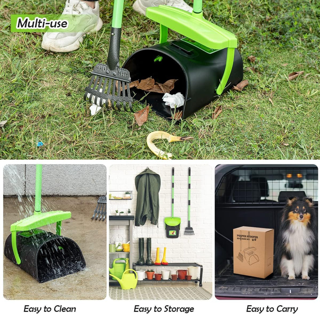 Compact upright storage view of the pet waste bin and rake standing together.